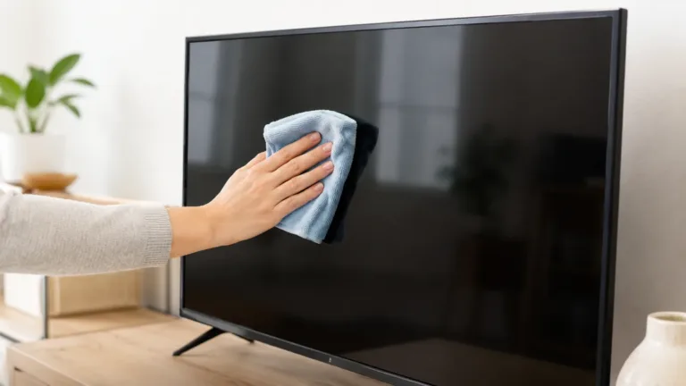 Mano limpiando una pantalla de televisión apagada con un paño de microfibra azul