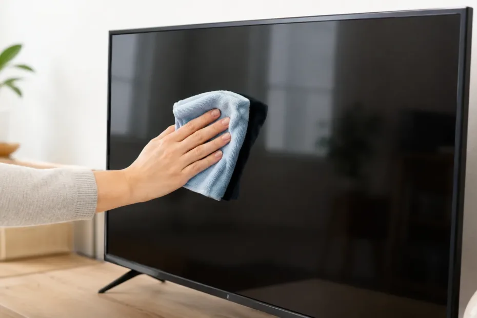 Mano limpiando una pantalla de televisión apagada con un paño de microfibra azul