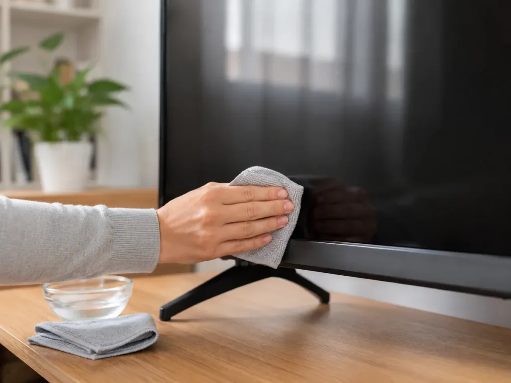 Mano limpiando el borde de una pantalla plana con un paño de microfibra gris, sin rociar líquido directamente