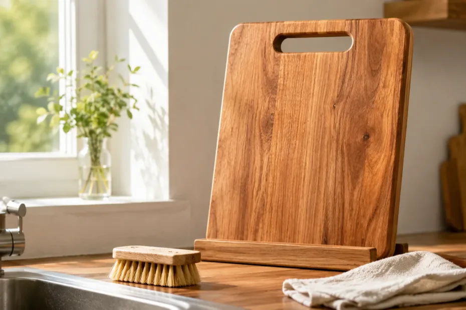 Tabla de cortar de madera limpia colocada de pie junto al fregadero con cepillo y paño