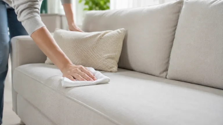 Persona limpiando suavemente un sofá de tela clara con un paño blanco en una sala luminosa