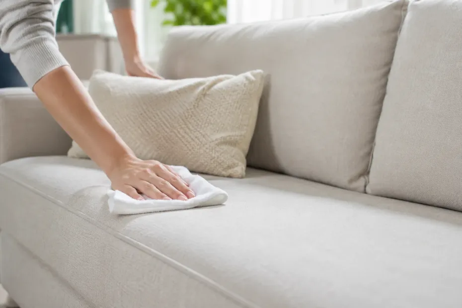 Persona limpiando suavemente un sofá de tela clara con un paño blanco en una sala luminosa