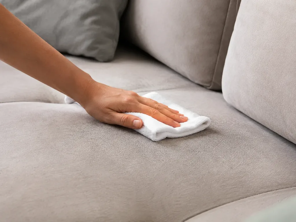 Mano presionando un paño blanco sobre un sofá de tela clara para limpiarlo sin empaparlo