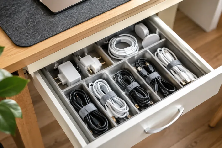 Cajón con separadores donde cables y cargadores están agrupados y sujetos con cintas reutilizables