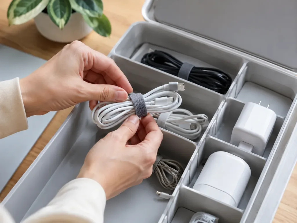 Manos sujetando un cable enrollado con una cinta de velcro dentro de una caja organizadora de cargadores y accesorios