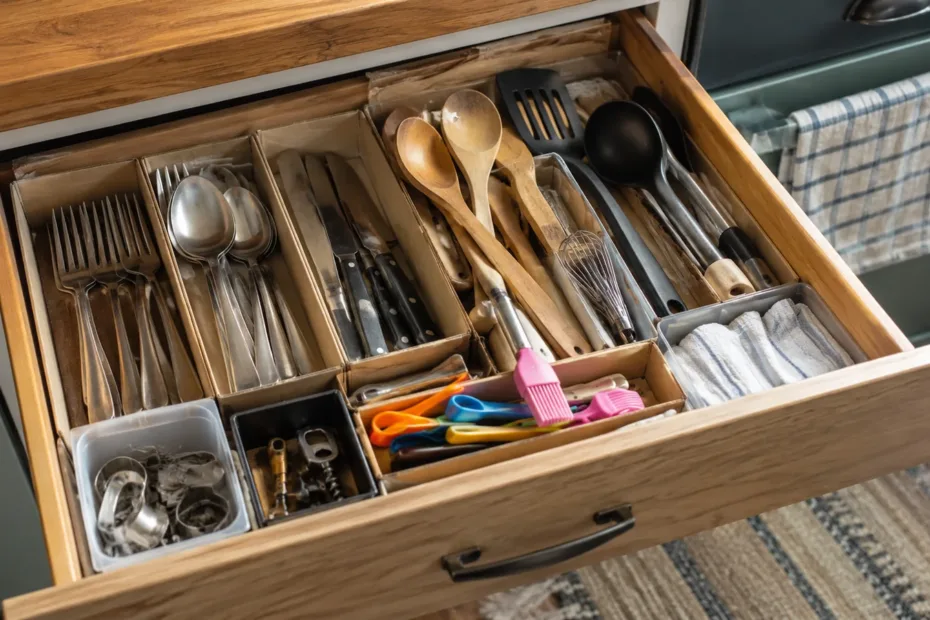 Cajón de cocina abierto con cubiertos y utensilios separados en compartimentos sencillos y reutilizados
