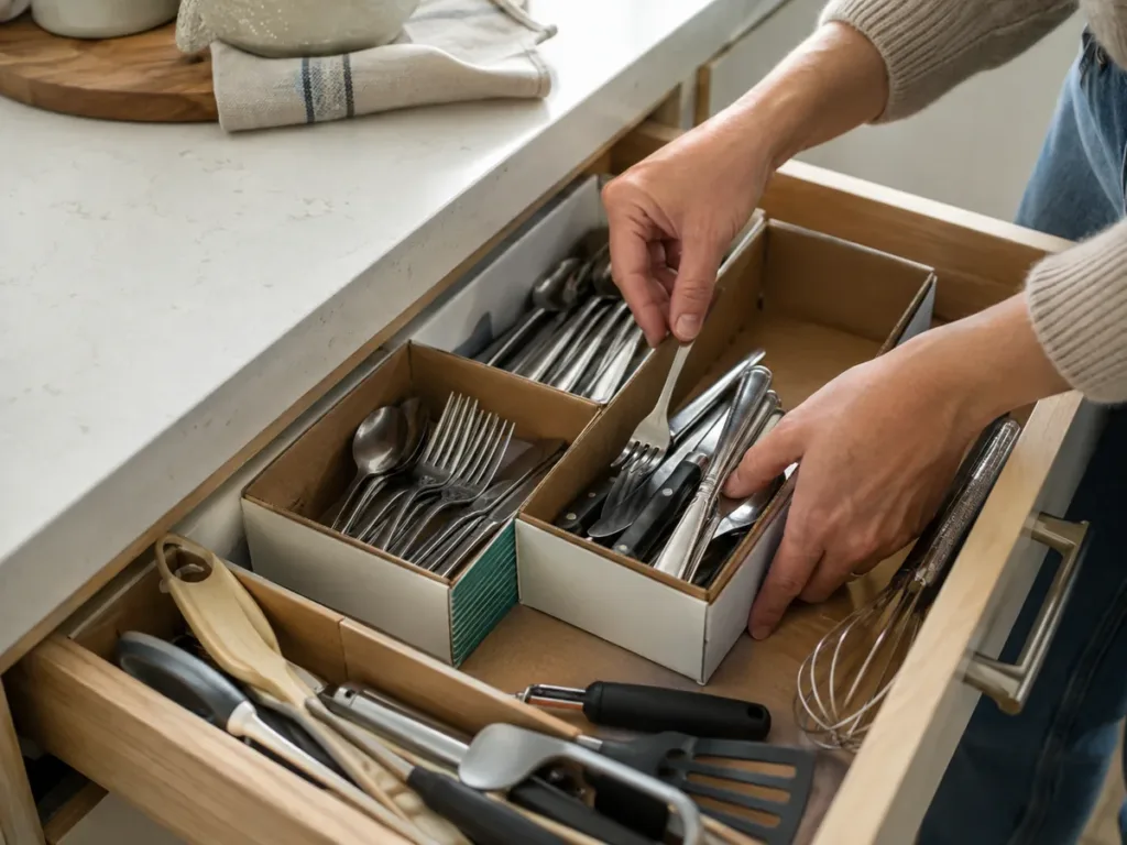 Persona ordenando cubiertos y utensilios dentro de un cajón de cocina con divisores simples