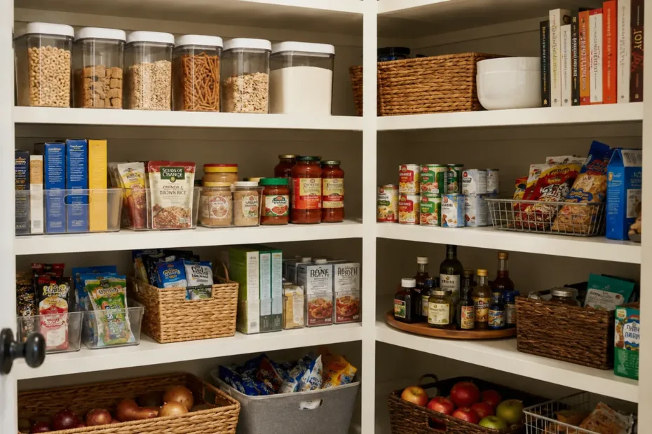Despensa doméstica organizada con botes transparentes, cestas, conservas y alimentos agrupados por categorías