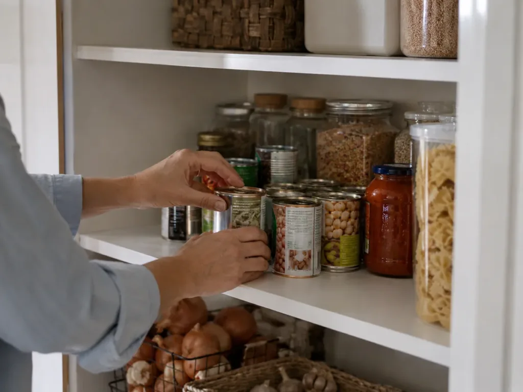 Manos colocando latas en una estantería de despensa con botes transparentes, pasta y verduras secas alrededor