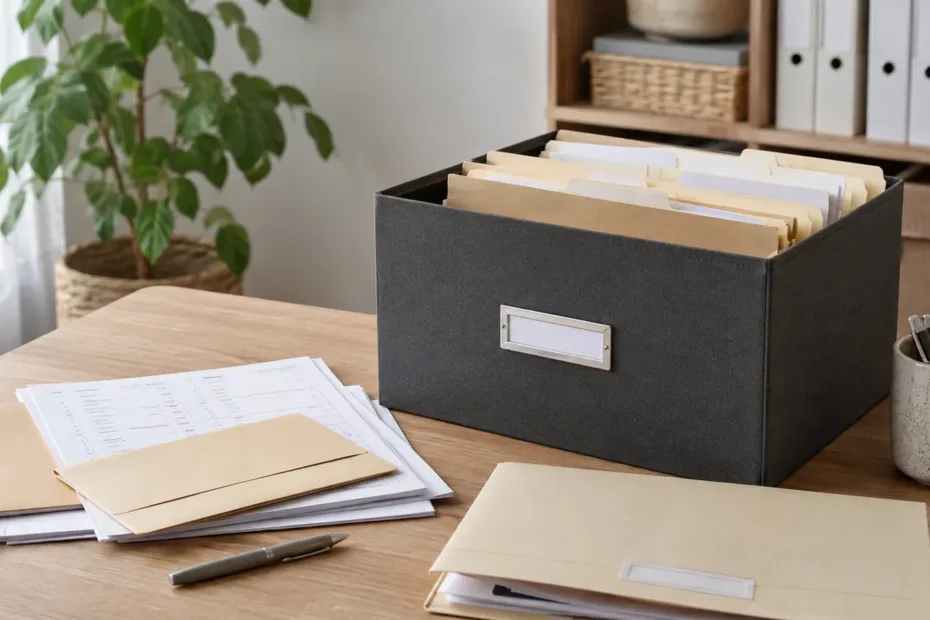 Caja organizadora con carpetas y documentos domésticos sobre una mesa en un entorno de trabajo en casa