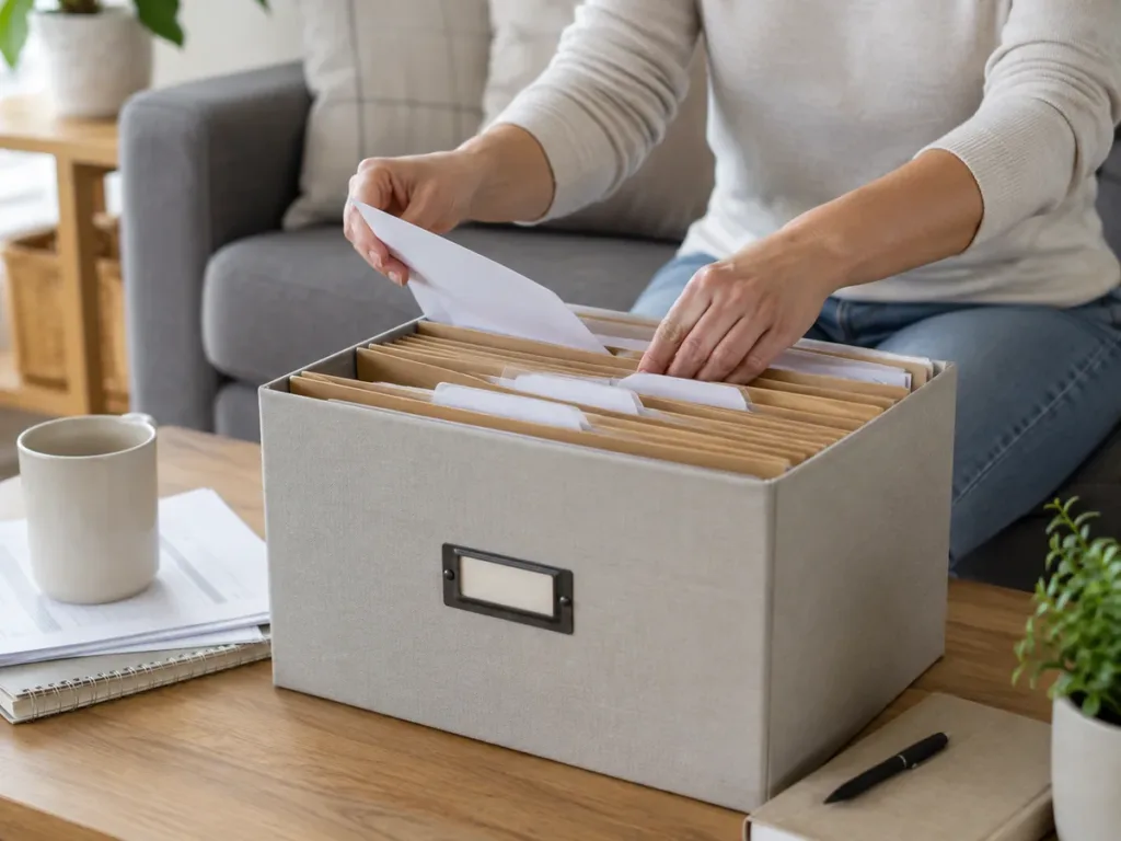 Persona clasificando hojas y sobres en una caja de archivo con carpetas etiquetadas en casa