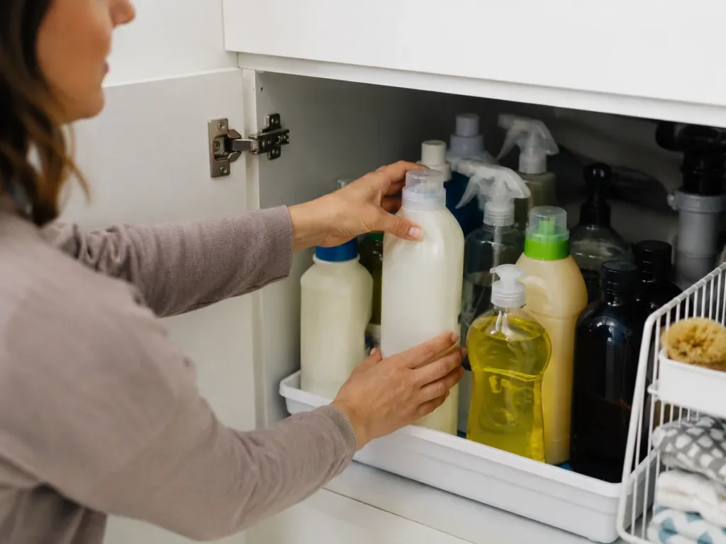 Cómo organizar productos de limpieza de forma segura Persona organizando botellas de limpieza en una bandeja dentro de un armario bajo, con paños y cepillo a un lado