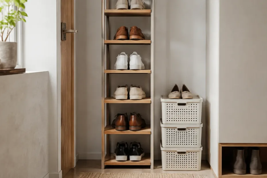 Estantería estrecha con zapatos organizados y cajas ventiladas en un recibidor pequeño y luminoso