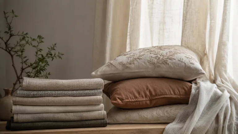 Cojines y textiles en una habitación iluminada por una ventana con cortinas translúcidas que filtran la luz solar