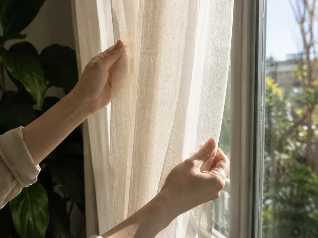 Cómo proteger ropa y textiles del sol para que duren más Textiles doblados cerca de una ventana protegida por una cortina translúcida para reducir la decoloración por el sol