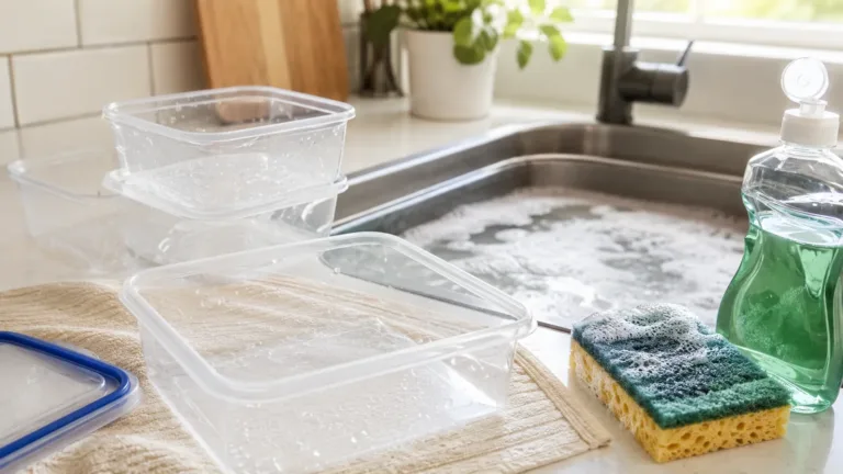Recipientes de plástico transparentes junto al fregadero con agua jabonosa, esponja y detergente suave