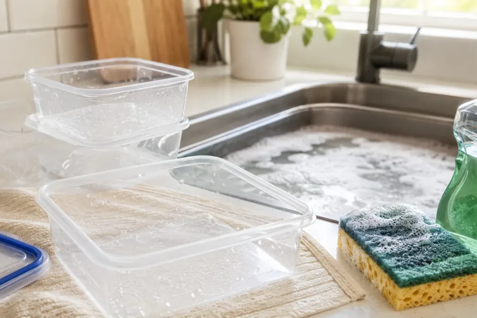 Recipientes de plástico transparentes junto al fregadero con agua jabonosa, esponja y detergente suave