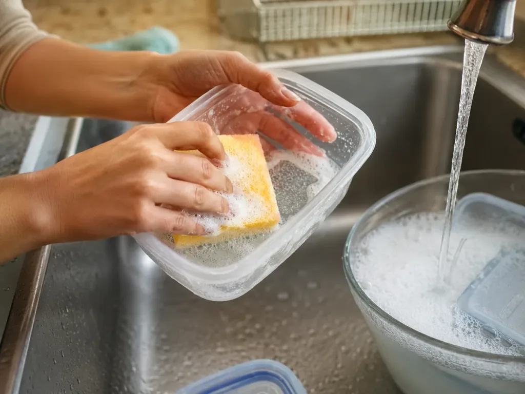 Manos lavando un recipiente de plástico transparente con una esponja suave y jabón, sin usar estropajo abrasivo