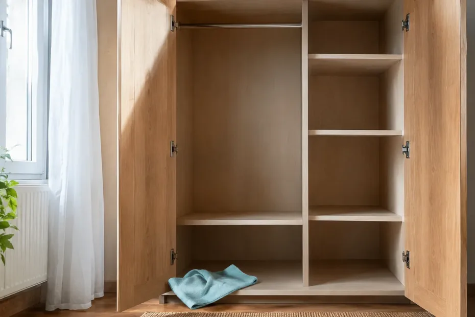 Armario de madera abierto, vacío y ventilado junto a una ventana con luz natural para reducir olor a humedad