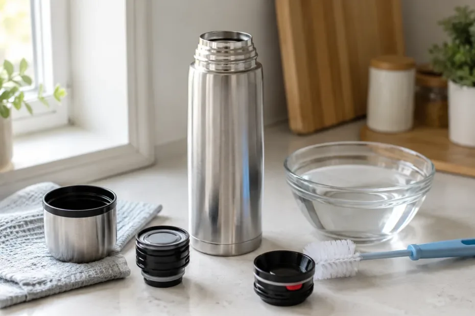 Termo de acero inoxidable abierto con tapa desmontada, cepillo y recipiente con agua para limpiarlo