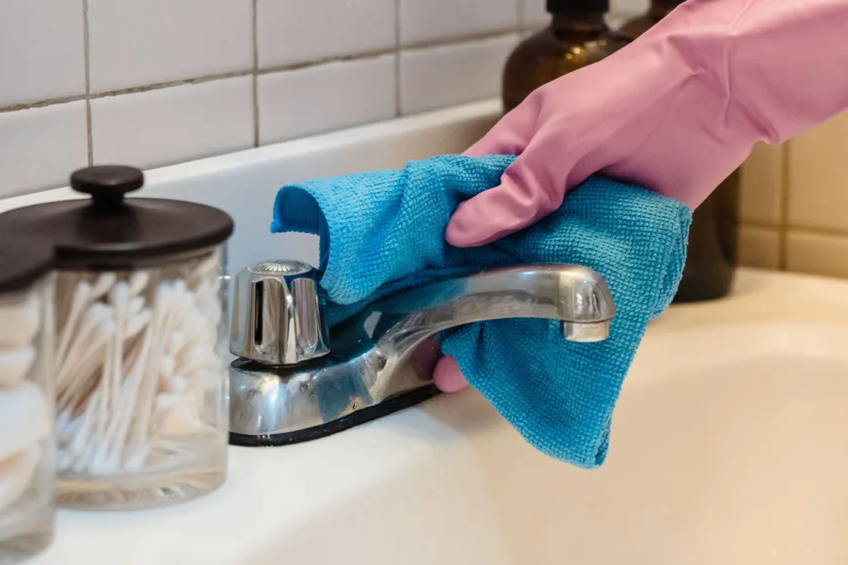 Mano con guante limpiando un grifo cromado con un paño de microfibra azul en un lavabo