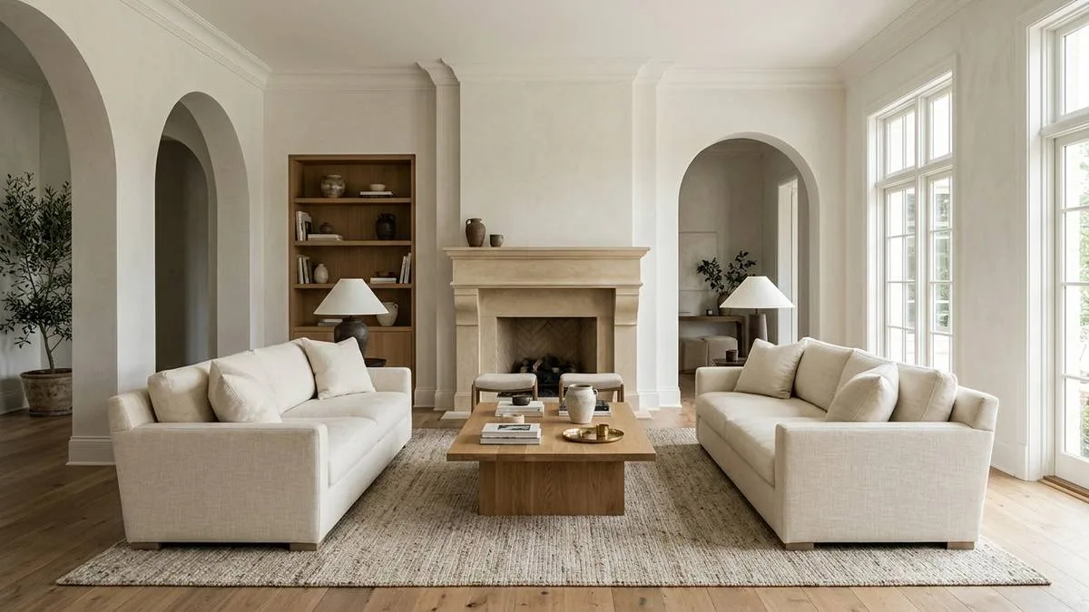 Paso 1 sobre como decorar una sala con chimenea distribuyendo sofas enfrentados