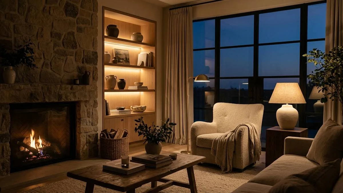 Paso 10 sobre como decorar una sala con chimenea con iluminacion calida en tres capas