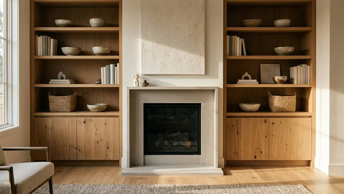 Paso 5 sobre como decorar una sala con chimenea aprovechando los huecos laterales con estanterias