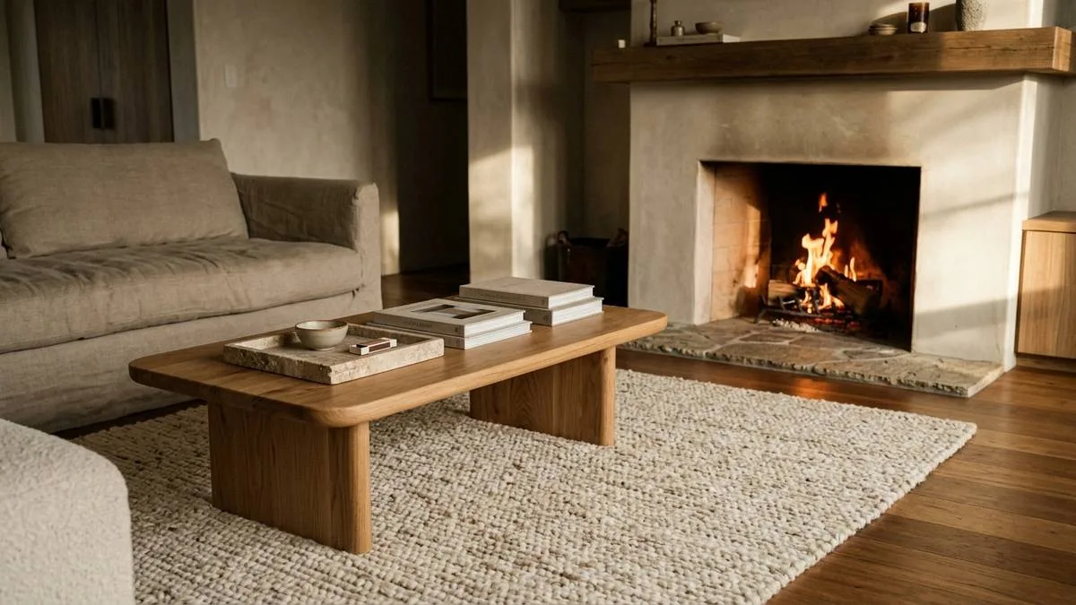 Paso 6 sobre como decorar una sala con chimenea con alfombra de lana natural y mesa de madera