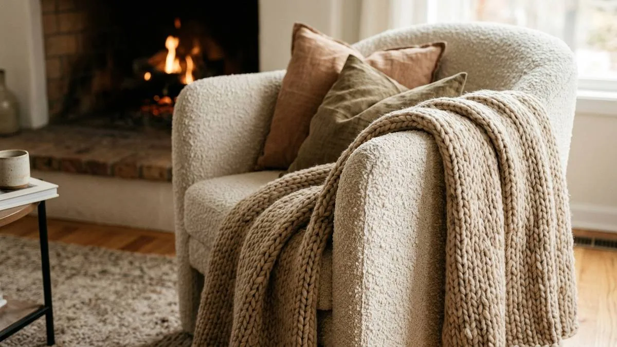 Paso 7 sobre como decorar una sala con chimenea combinando texturas de boucle lana y lino