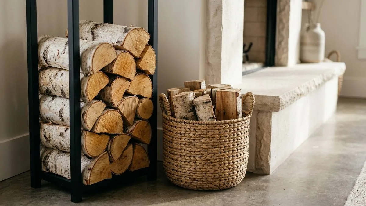 Paso 8 sobre como decorar una sala con chimenea organizando la lena en cestos y lenero vertical