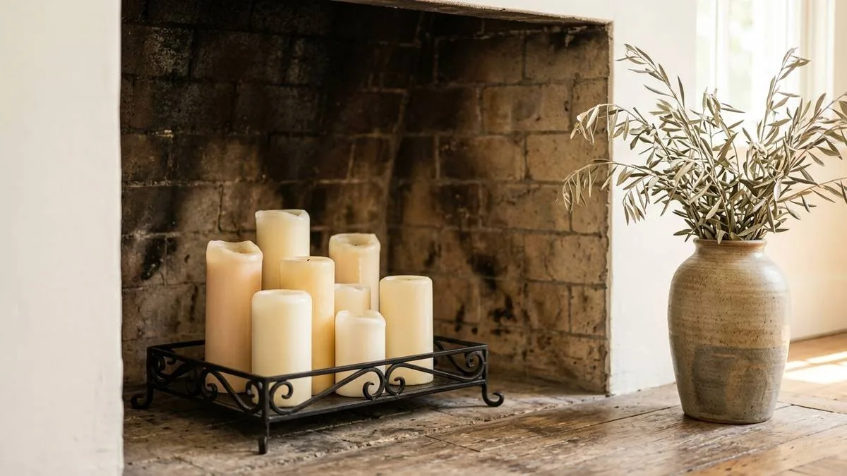 Paso 9 sobre como decorar una sala con chimenea en verano con velas en el hueco interior