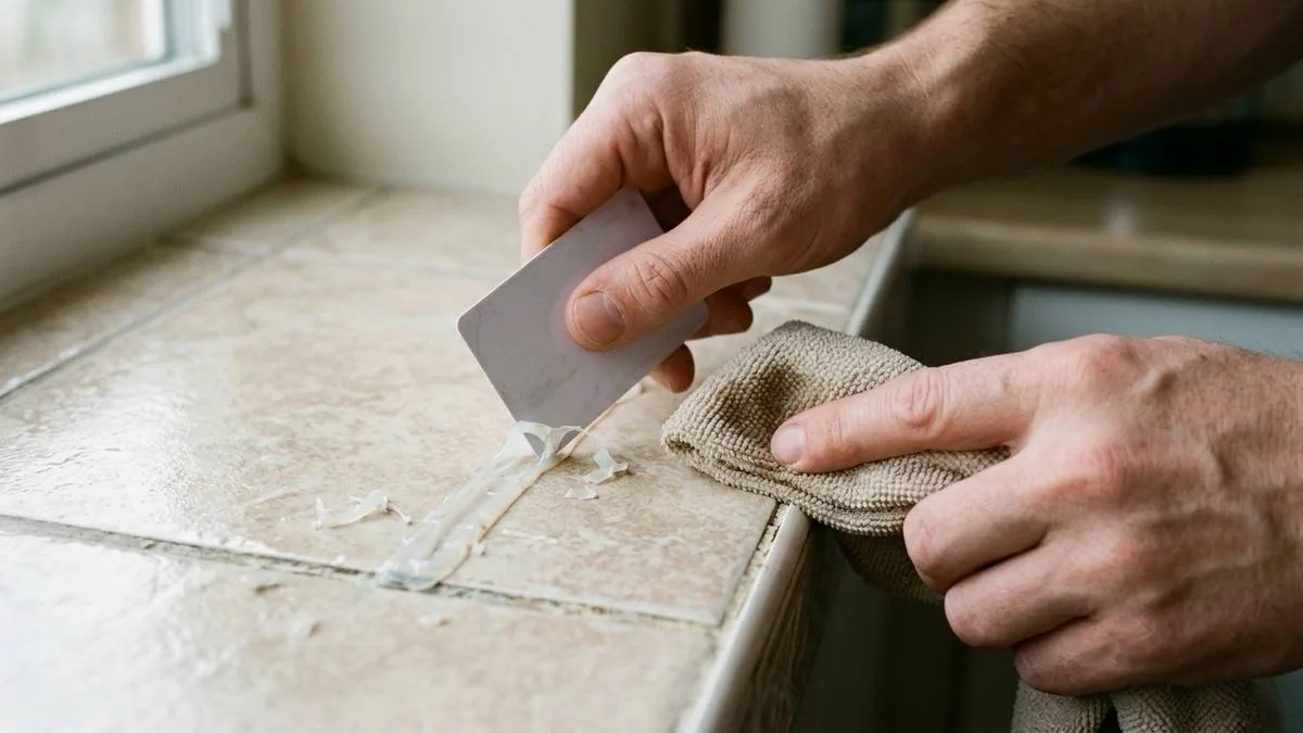 Paso 5 sobre cómo limpiar la silicona pegada en azulejos o cristal con tarjeta plastica y alcohol