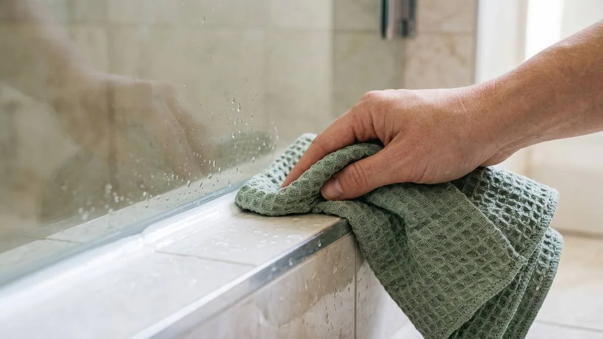 Paso 6 tras cómo limpiar la silicona secando las juntas de la ducha con microfibra