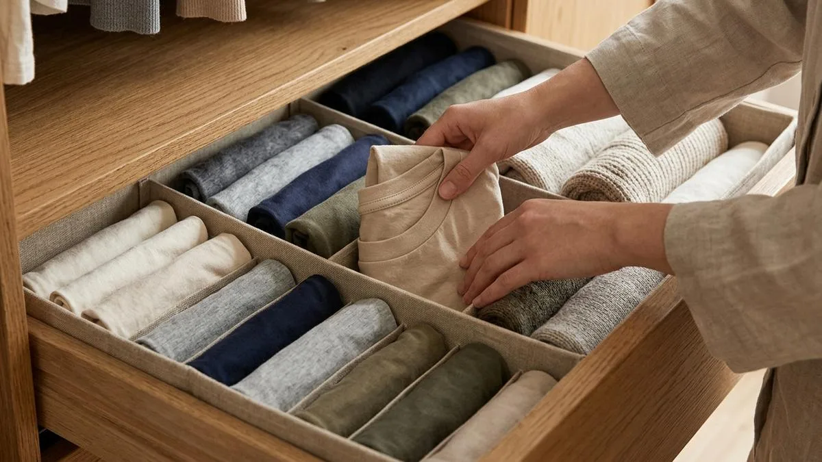 doblado vertical en cajones para aprender como organizar un closet pequeño