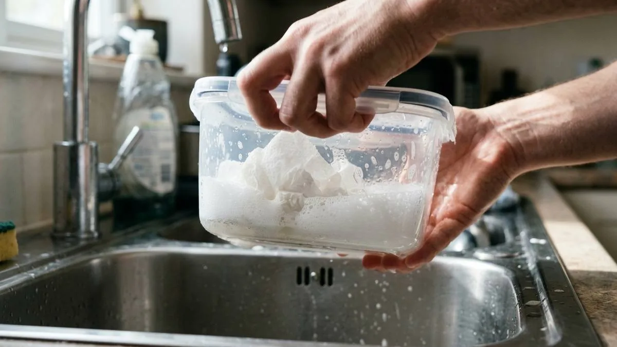 Paso 1 para quitar grasa de recipientes de plástico agitando agua tibia jabon y papel absorbente