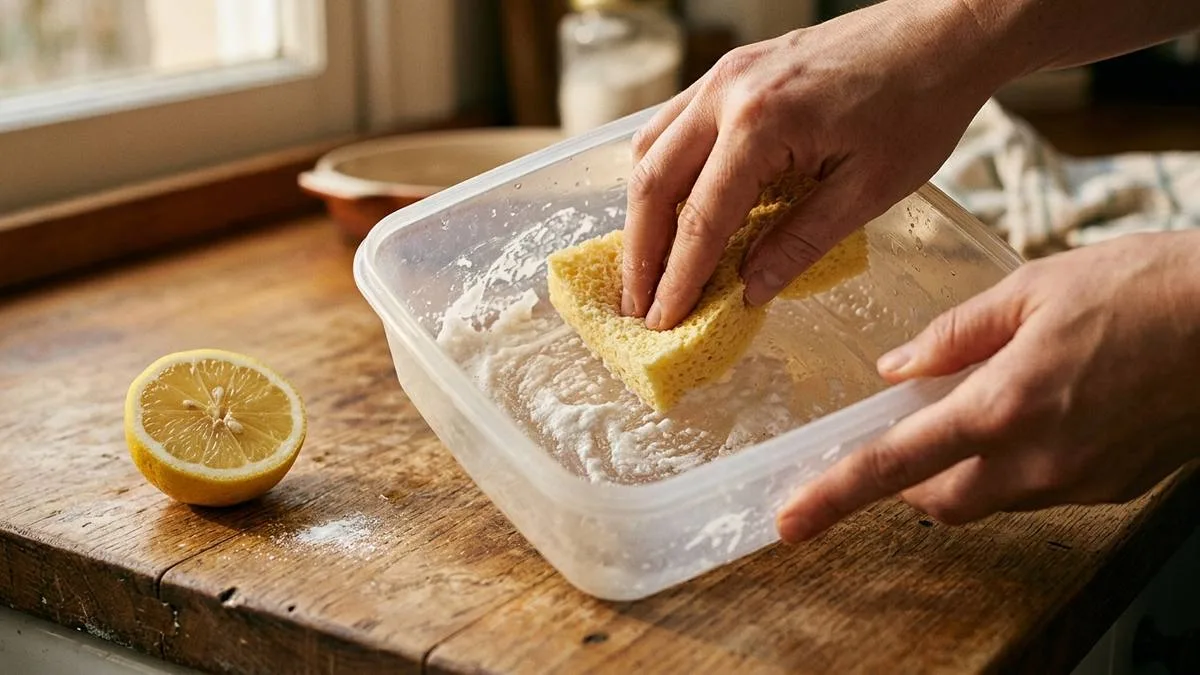 como quitar la grasa de los trastes de plastico con pasta de bicarbonato y esponja suave