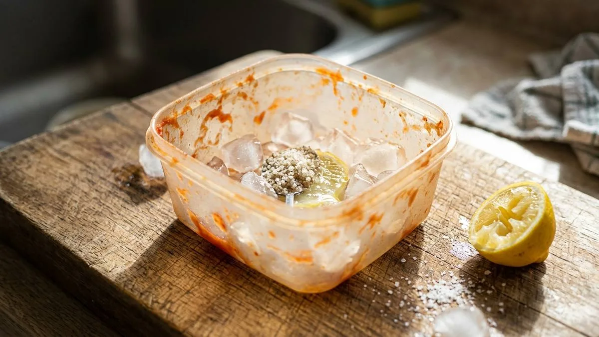 como quitar la grasa del plastico y manchas rojas de salsa con hielo sal gruesa y limon