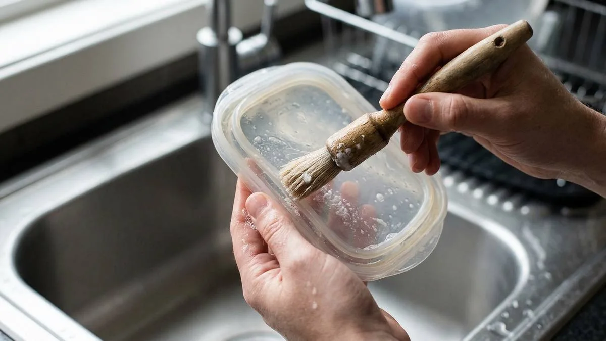 Paso 5 para quitar grasa de recipientes de plástico limpiando la goma de silicona de la tapa